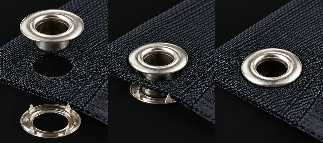 Step 1: a grommet above the flag hem and a toothed claw washer below it