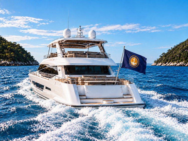 A yacht sailing to a tropical island with a custom flag flying off the back of it.