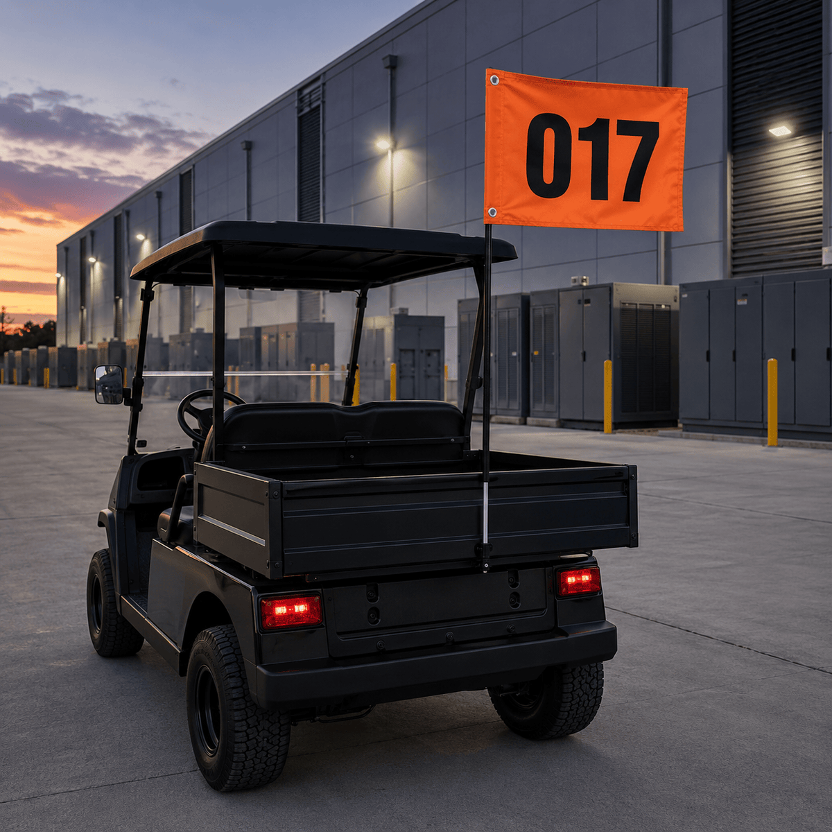 Numbered flag on a utility cart at a warehouse loading dock