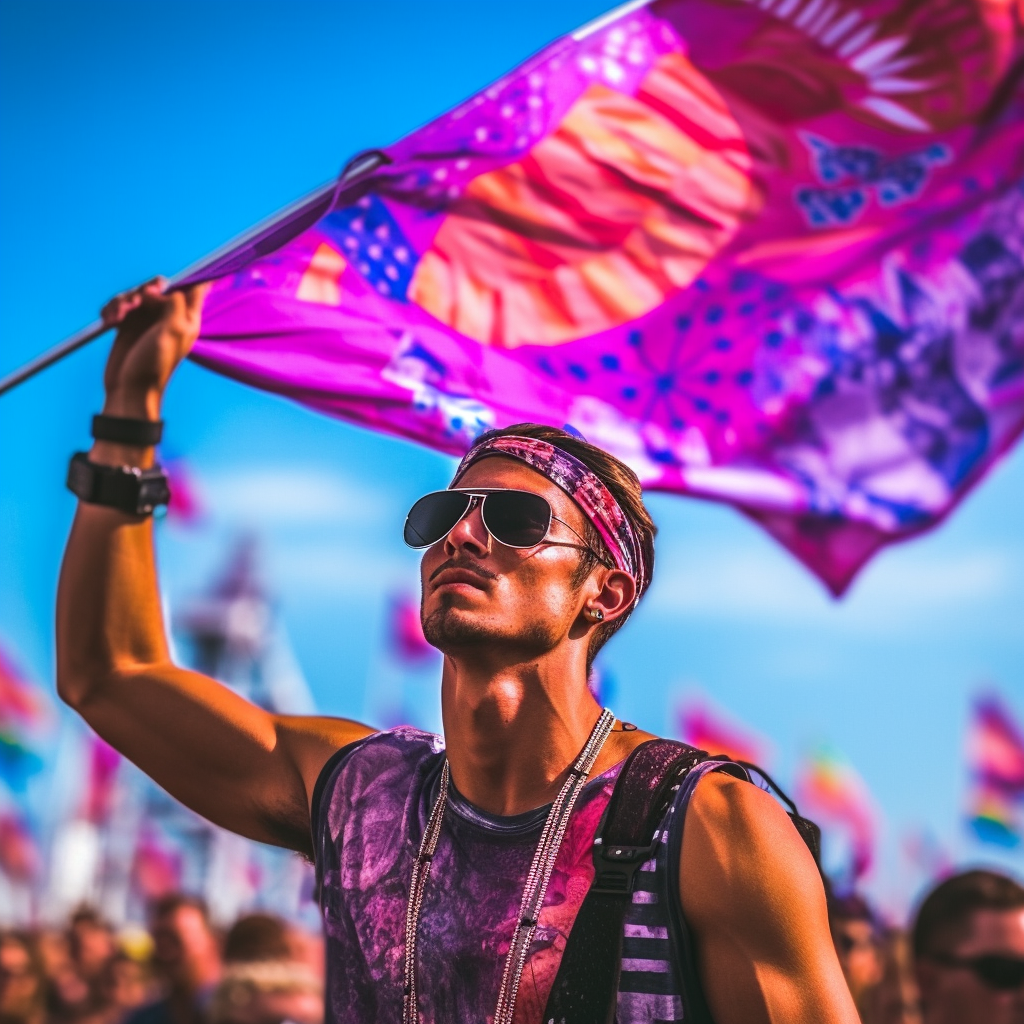 Music festival attendee hoisting custom festival flag.