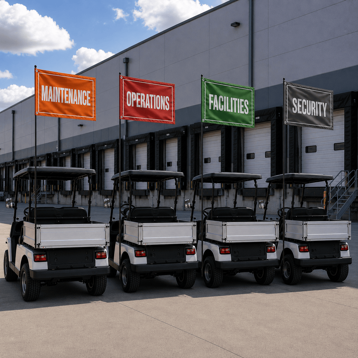 Fest Flags Site Vehicle Flags Department Flags for Maintenance, Security & Operations Carts — Color-Coded Vehicle Flags
